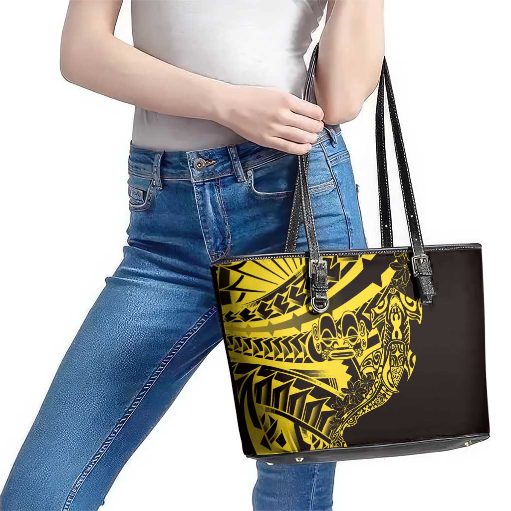 Yellow Marquesas Islands Leather Tote Bag Marquesan Matatiki Hammerhead Shark Patutiki LT14 - Polynesian Pride
