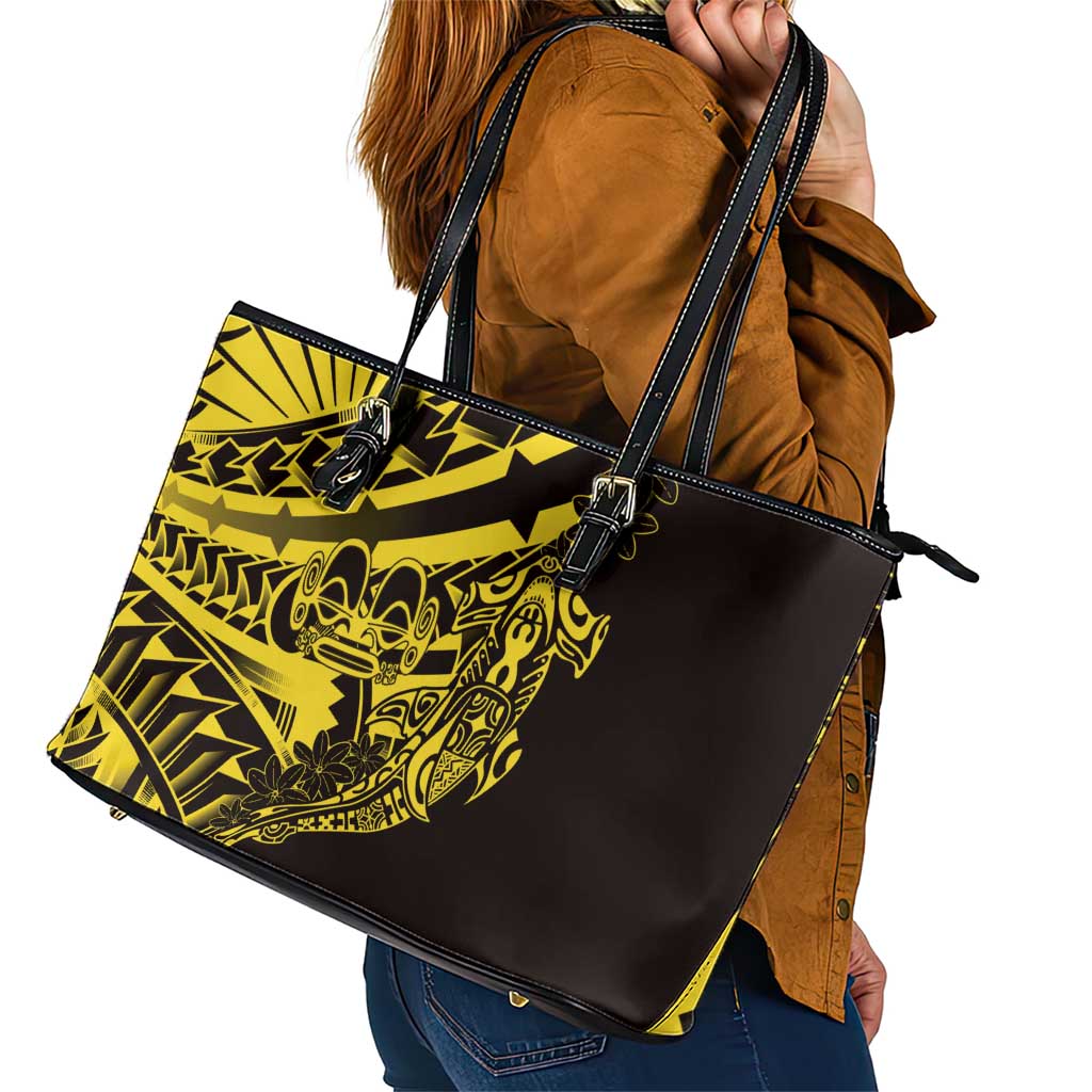 Yellow Marquesas Islands Leather Tote Bag Marquesan Matatiki Hammerhead Shark Patutiki LT14 - Polynesian Pride