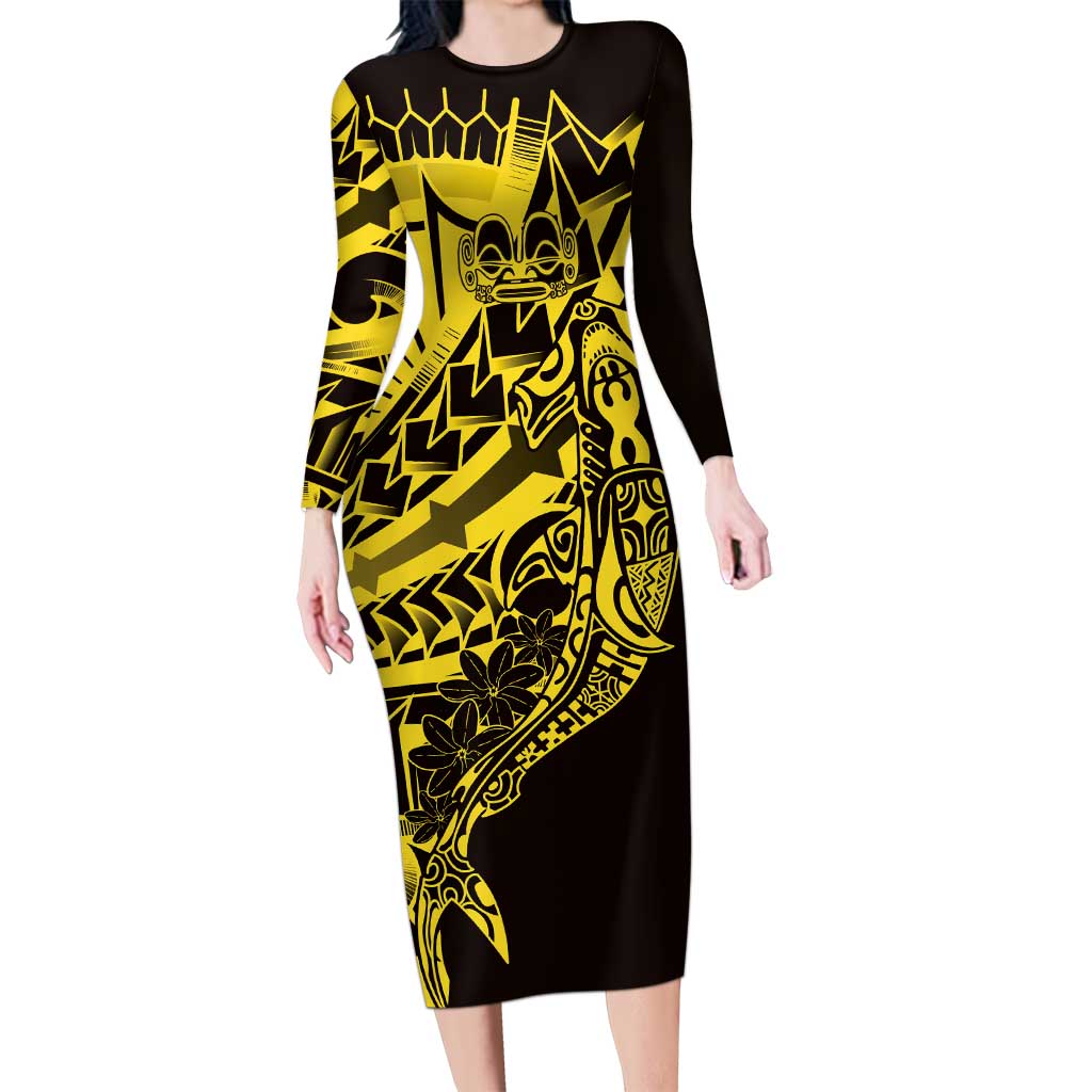 Yellow Marquesas Islands Long Sleeve Bodycon Dress Marquesan Matatiki Hammerhead Shark Patutiki LT14 Long Dress Yellow - Polynesian Pride
