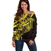 Yellow Marquesas Islands Off Shoulder Sweater Marquesan Matatiki Hammerhead Shark Patutiki LT14 Women Yellow - Polynesian Pride