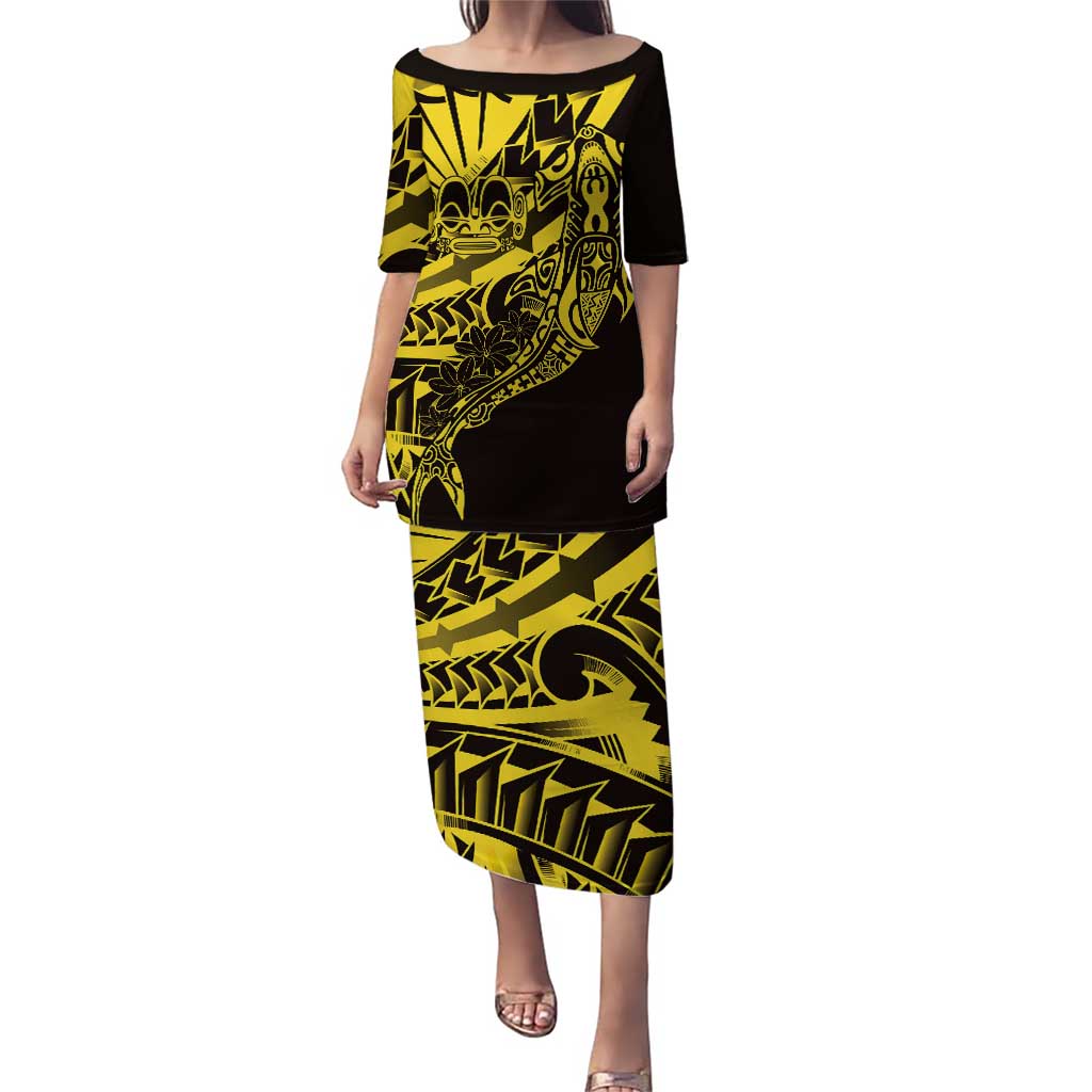Yellow Marquesas Islands Puletasi Marquesan Matatiki Hammerhead Shark Patutiki LT14 Long Dress Yellow - Polynesian Pride