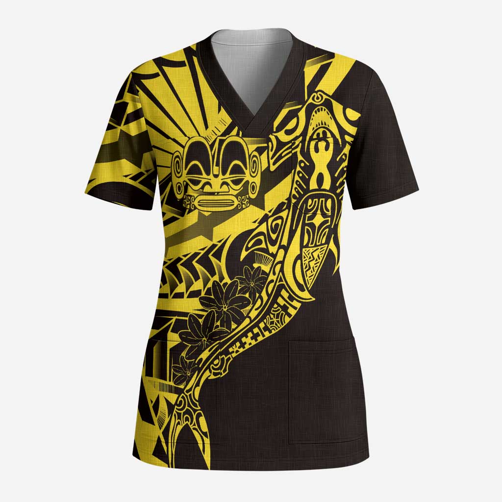 Yellow Marquesas Islands Scrub Top Marquesan Matatiki Hammerhead Shark Patutiki LT14 Adult Yellow - Polynesian Pride