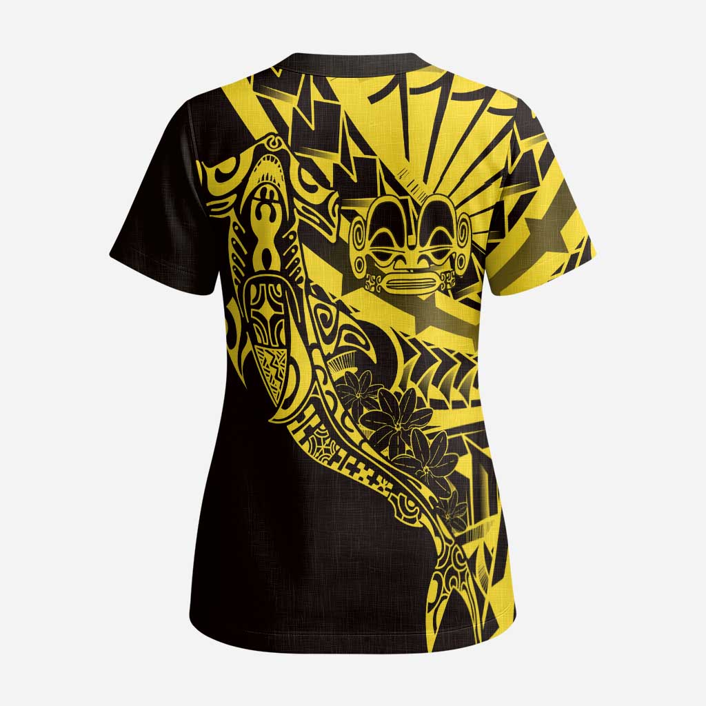 Yellow Marquesas Islands Scrub Top Marquesan Matatiki Hammerhead Shark Patutiki LT14 - Polynesian Pride