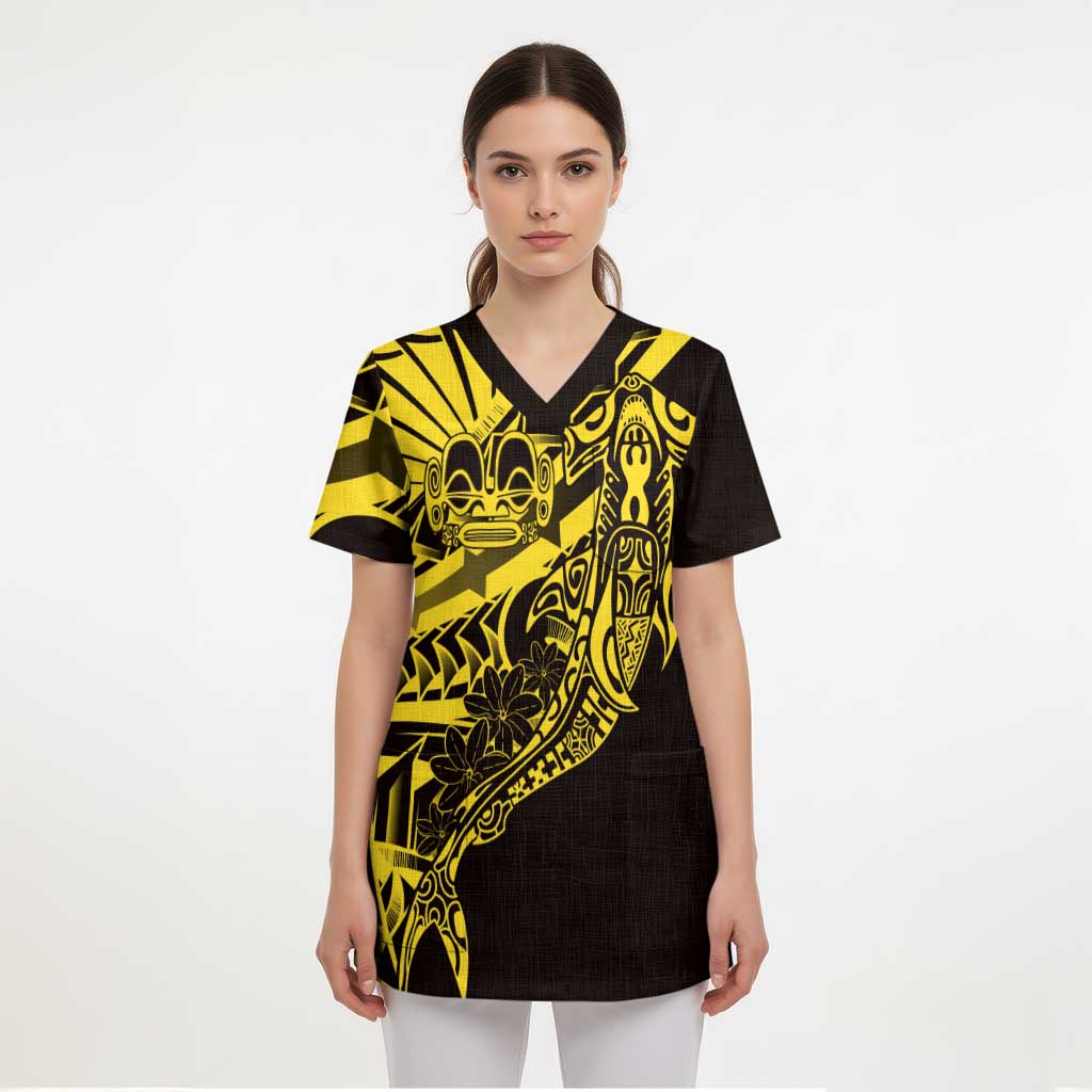 Yellow Marquesas Islands Scrub Top Marquesan Matatiki Hammerhead Shark Patutiki LT14 - Polynesian Pride