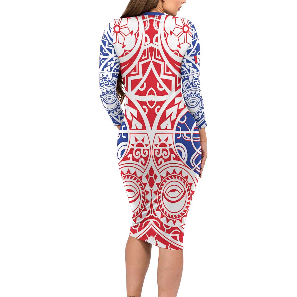 Austral Islands Long Sleeve Bodycon Dress Tuhaa Pae Penu Stars Necklace Red LT14 - Polynesian Pride