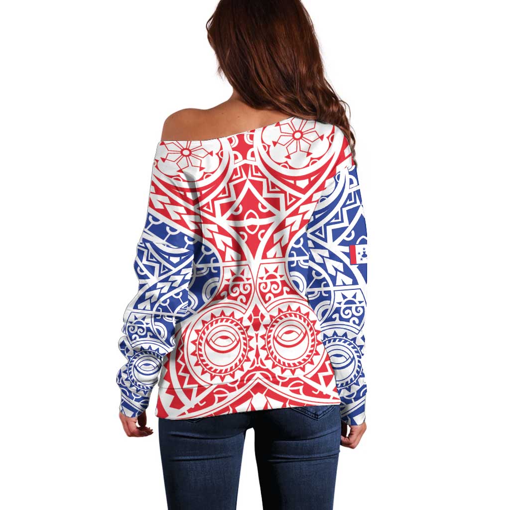 Austral Islands Off Shoulder Sweater Tuhaa Pae Penu Stars Necklace Red LT14 - Polynesian Pride