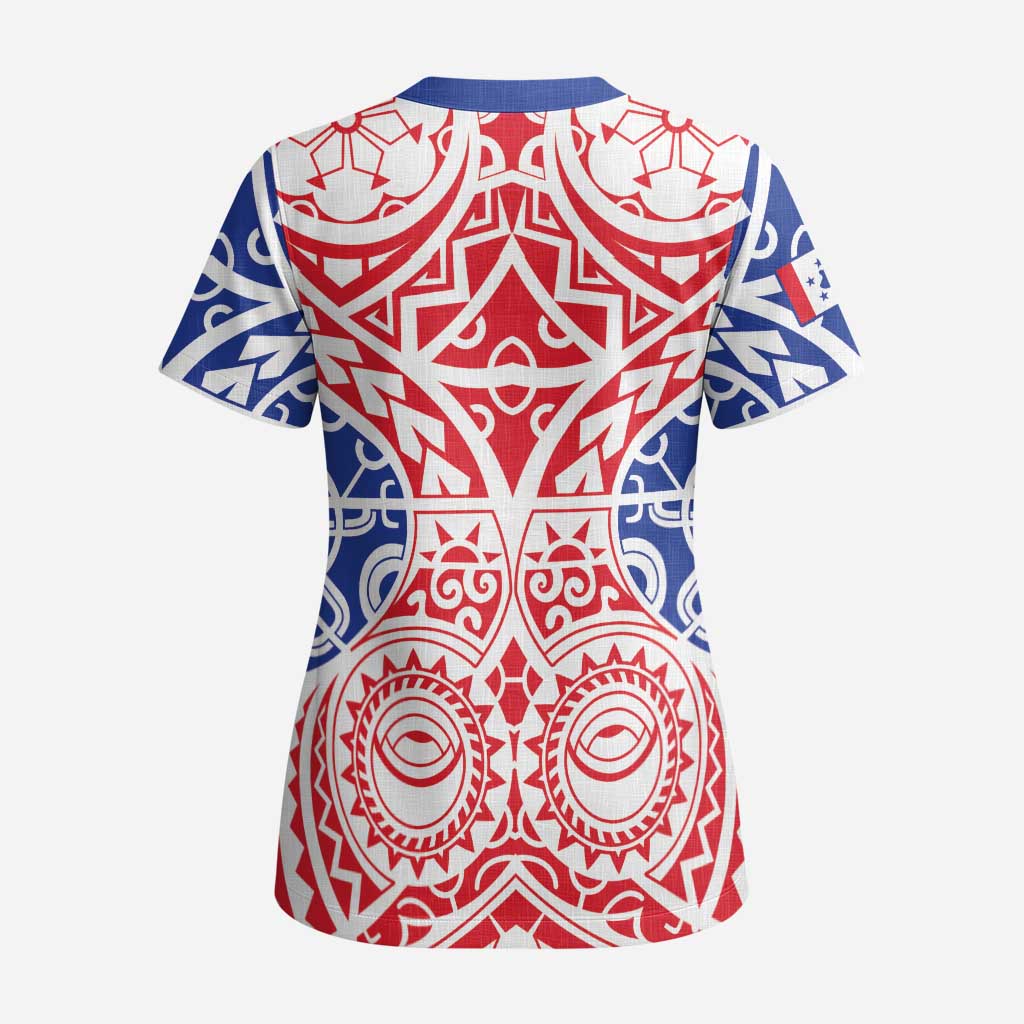 Austral Islands Scrub Top Tuhaa Pae Penu Stars Necklace Red LT14 - Polynesian Pride