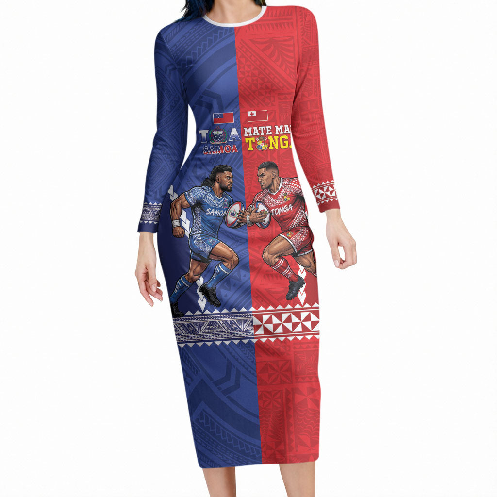 Toa Samoa Mate Ma'a Tonga Rugby Together Custom Long Sleeve Bodycon Dress LT14 Long Dress Multicolor - Polynesian Pride