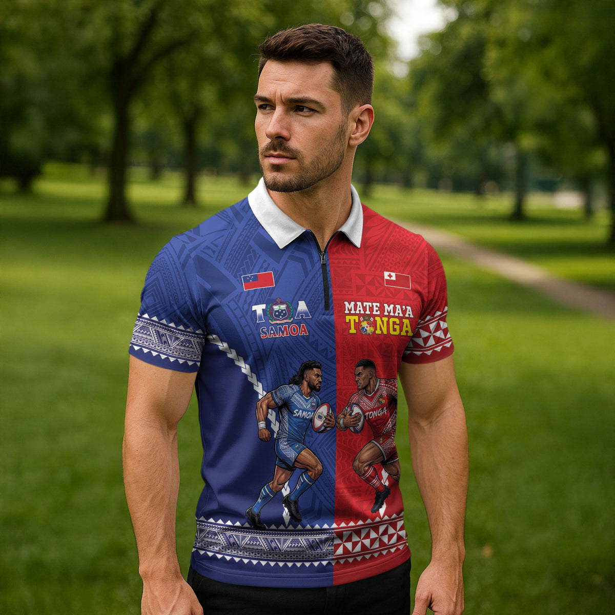 Toa Samoa Mate Ma'a Tonga Rugby Together Custom Zipper Polo Shirt LT14 - Polynesian Pride