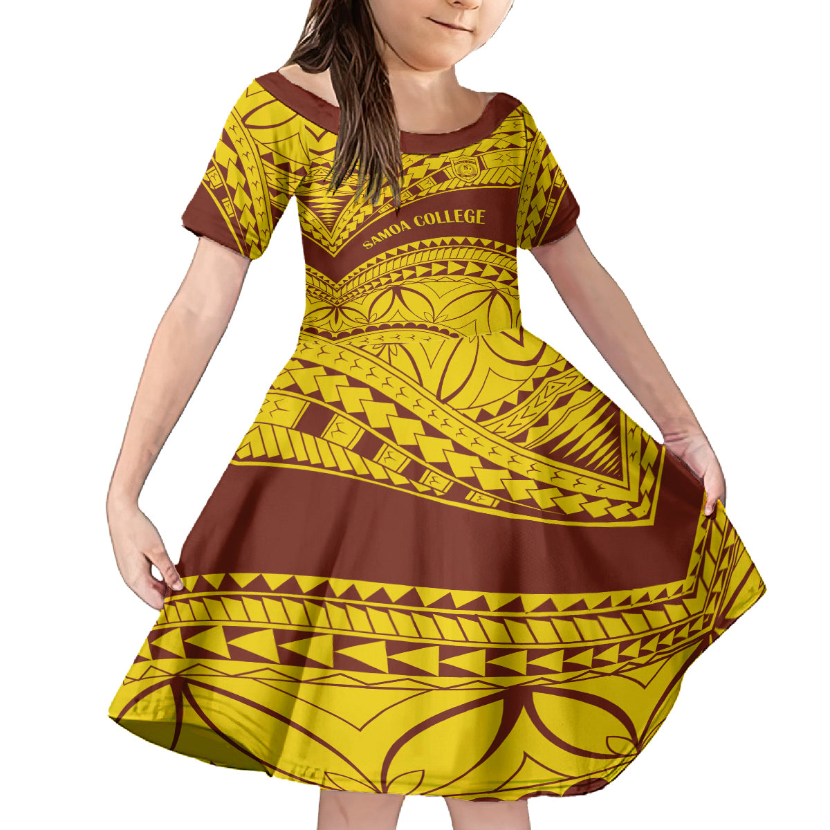 Personalised Samoa College Kid Short Sleeve Dress Samoan Pattern LT14 KID Gold - Polynesian Pride