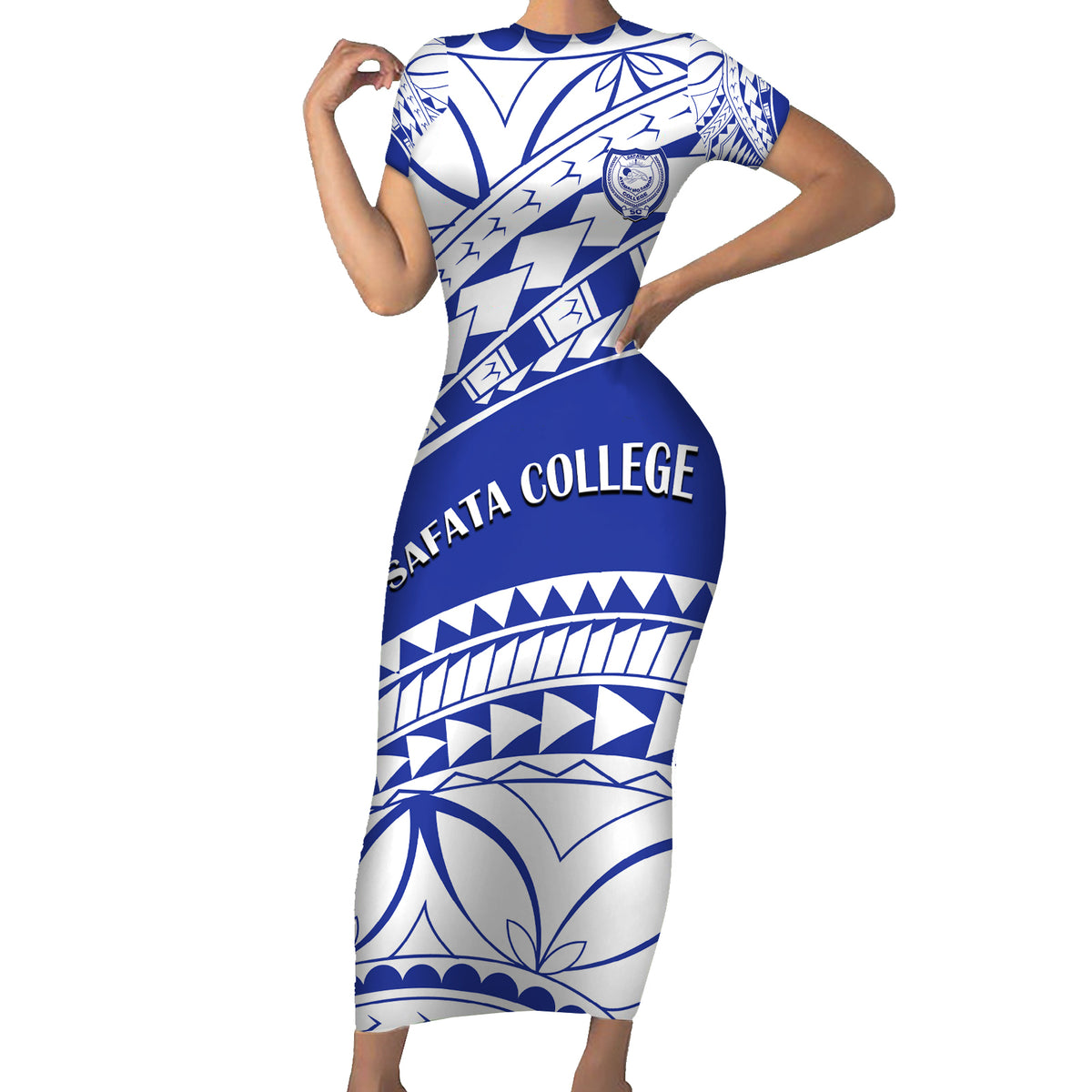 Personalised Samoa Safata College Short Sleeve Bodycon Dress Samoan Pattern LT14 Long Dress Blue - Polynesian Pride