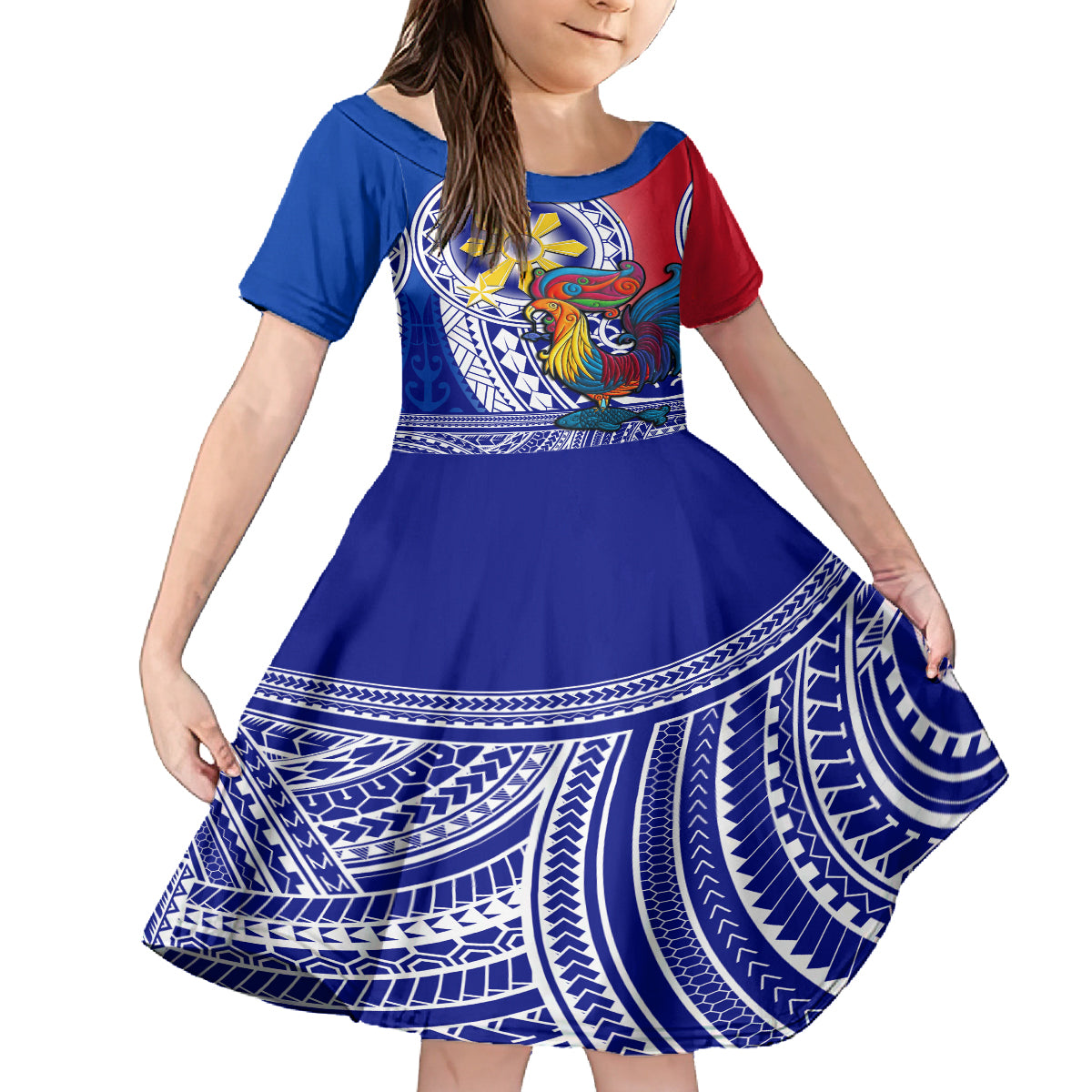 Personalised Philippines Kid Short Sleeve Dress Filipino Sarimanok With Polynesian Tattoo LT14 KID Blue - Polynesian Pride