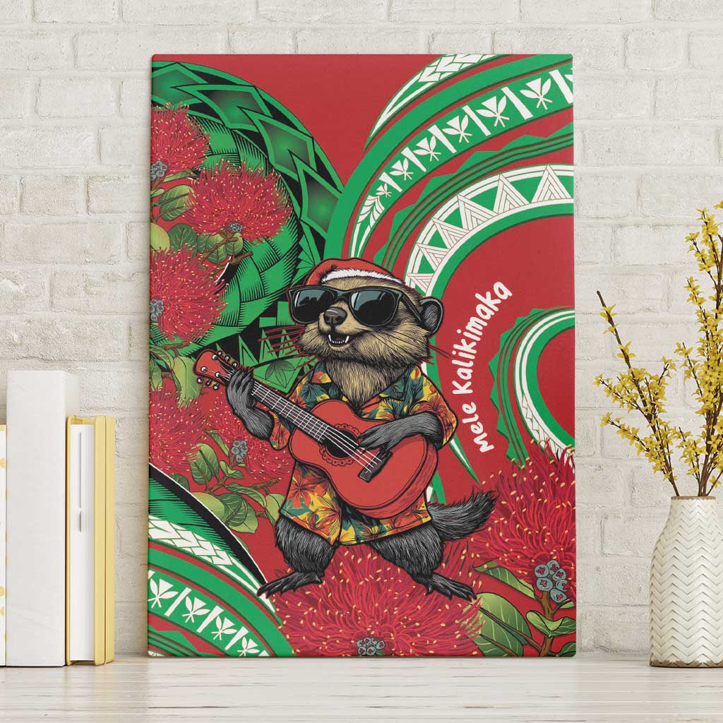 Mele Kalikimaka Hawaii Canvas Wall Art Mongoose Santa With Ohia Lehua