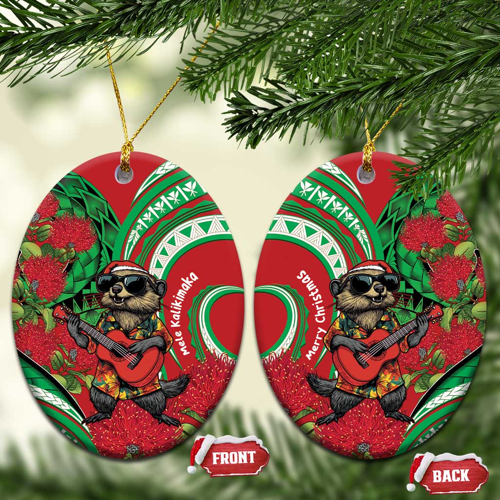 Mele Kalikimaka Hawaii Ceramic Ornament Mongoose Santa With Ohia Lehua LT14 Oval Red - Polynesian Pride