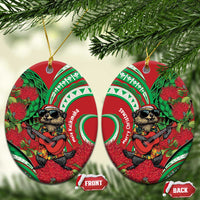 Mele Kalikimaka Hawaii Ceramic Ornament Mongoose Santa With Ohia Lehua LT14 Oval Red - Polynesian Pride