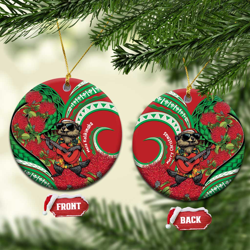 Mele Kalikimaka Hawaii Ceramic Ornament Mongoose Santa With Ohia Lehua LT14 Circle Red - Polynesian Pride