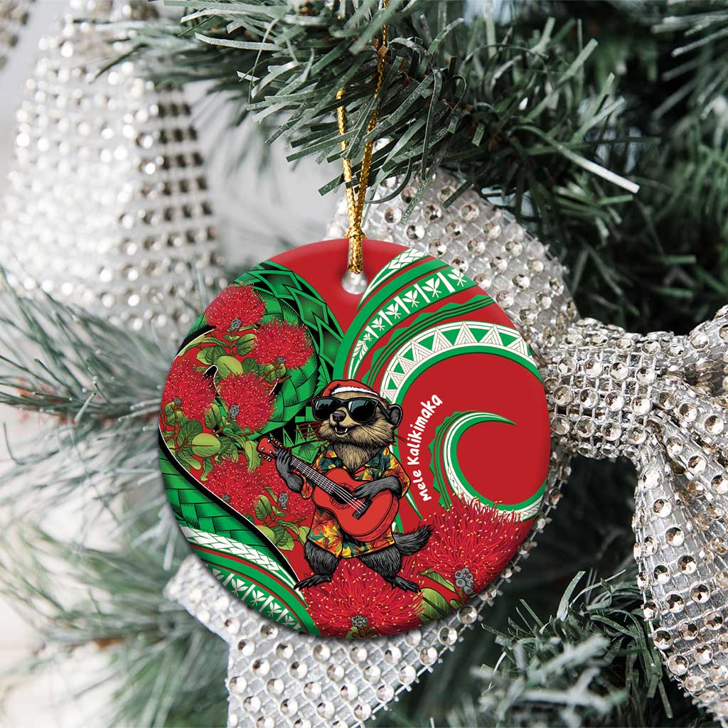 Mele Kalikimaka Hawaii Ceramic Ornament Mongoose Santa With Ohia Lehua LT14 - Polynesian Pride