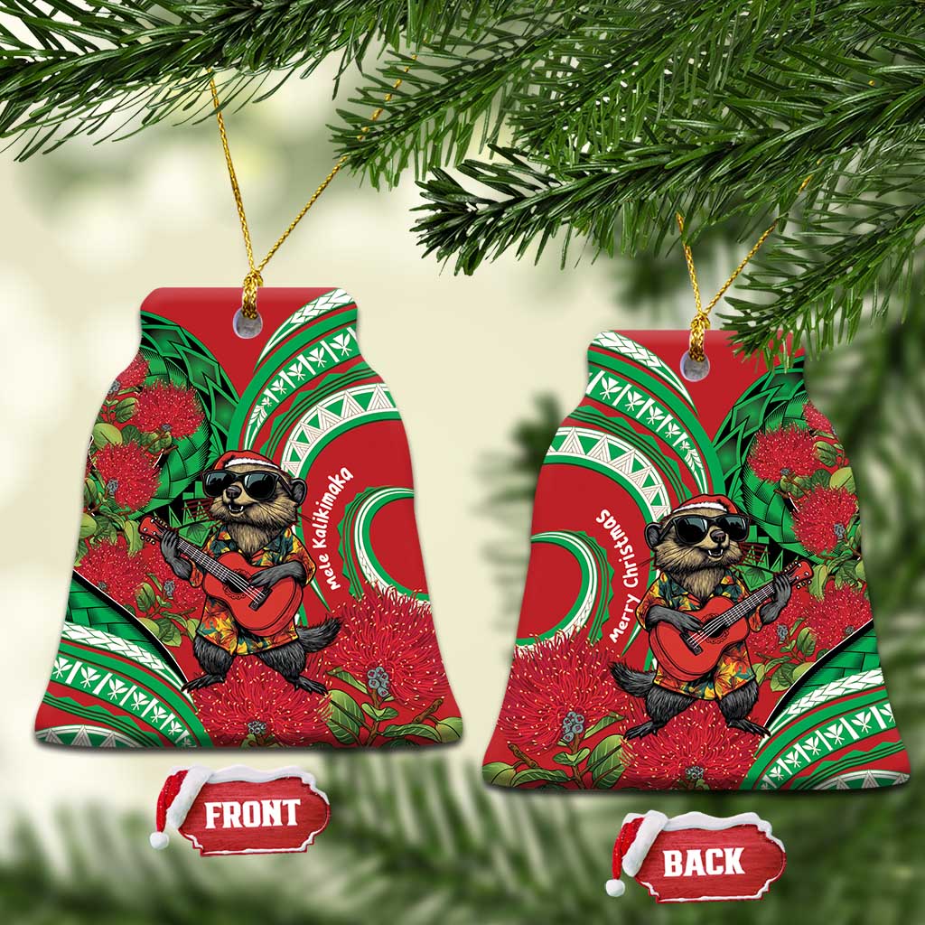 Mele Kalikimaka Hawaii Ceramic Ornament Mongoose Santa With Ohia Lehua LT14 Bell Flake Red - Polynesian Pride