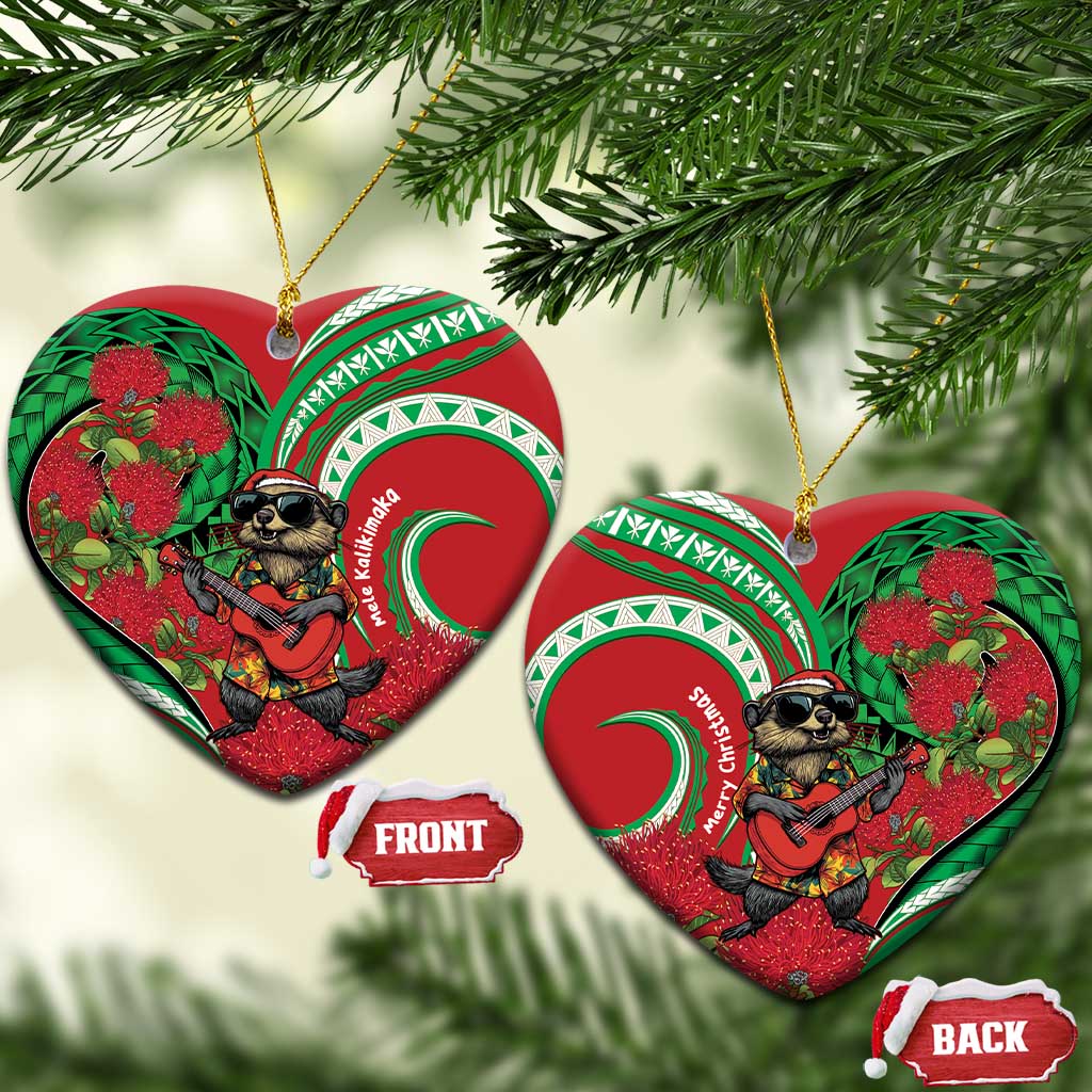 Mele Kalikimaka Hawaii Ceramic Ornament Mongoose Santa With Ohia Lehua LT14 Heart Red - Polynesian Pride