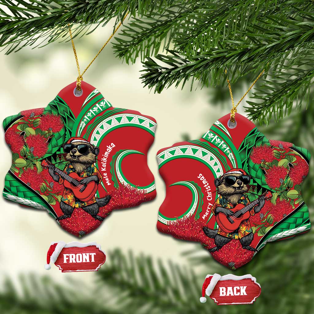 Mele Kalikimaka Hawaii Ceramic Ornament Mongoose Santa With Ohia Lehua LT14 Snow Flake Red - Polynesian Pride