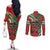 Mele Kalikimaka Hawaii Couples Matching Off The Shoulder Long Sleeve Dress and Long Sleeve Button Shirt Mongoose Santa With Ohia Lehua