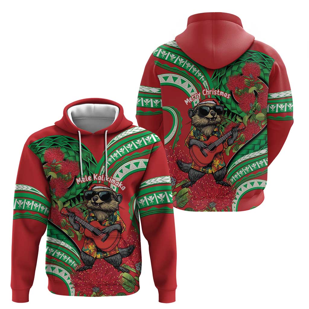 Mele Kalikimaka Hawaii Hoodie Mongoose Santa With Ohia Lehua LT14 - Polynesian Pride