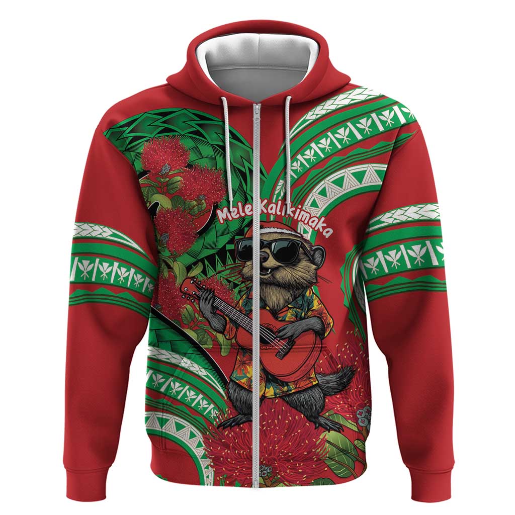 Mele Kalikimaka Hawaii Hoodie Mongoose Santa With Ohia Lehua LT14 Zip Hoodie Red - Polynesian Pride
