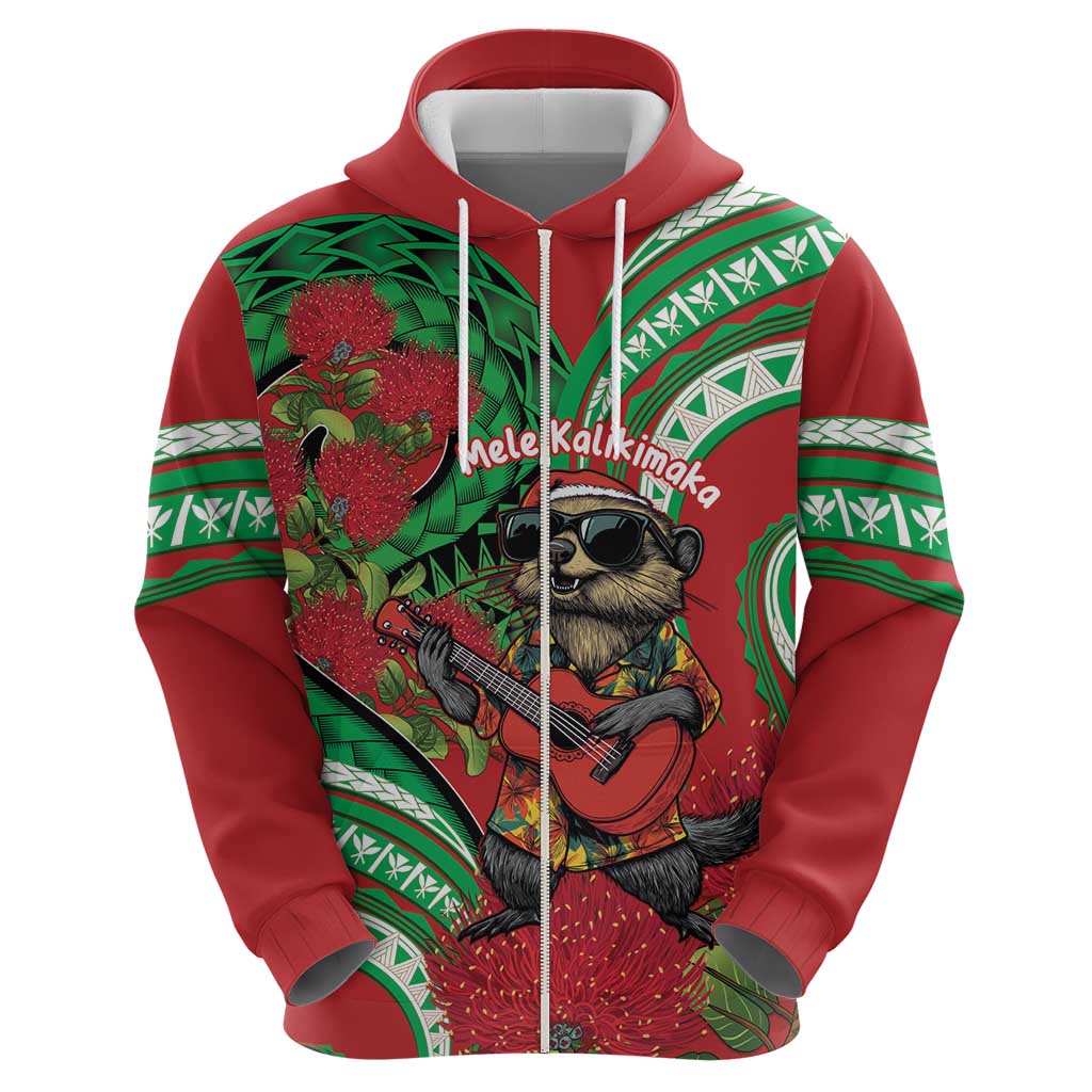 Mele Kalikimaka Hawaii Hoodie Mongoose Santa With Ohia Lehua LT14 - Polynesian Pride