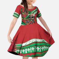 Mele Kalikimaka Hawaii Kid Short Sleeve Dress Mongoose Santa With Ohia Lehua LT14 KID Red - Polynesian Pride