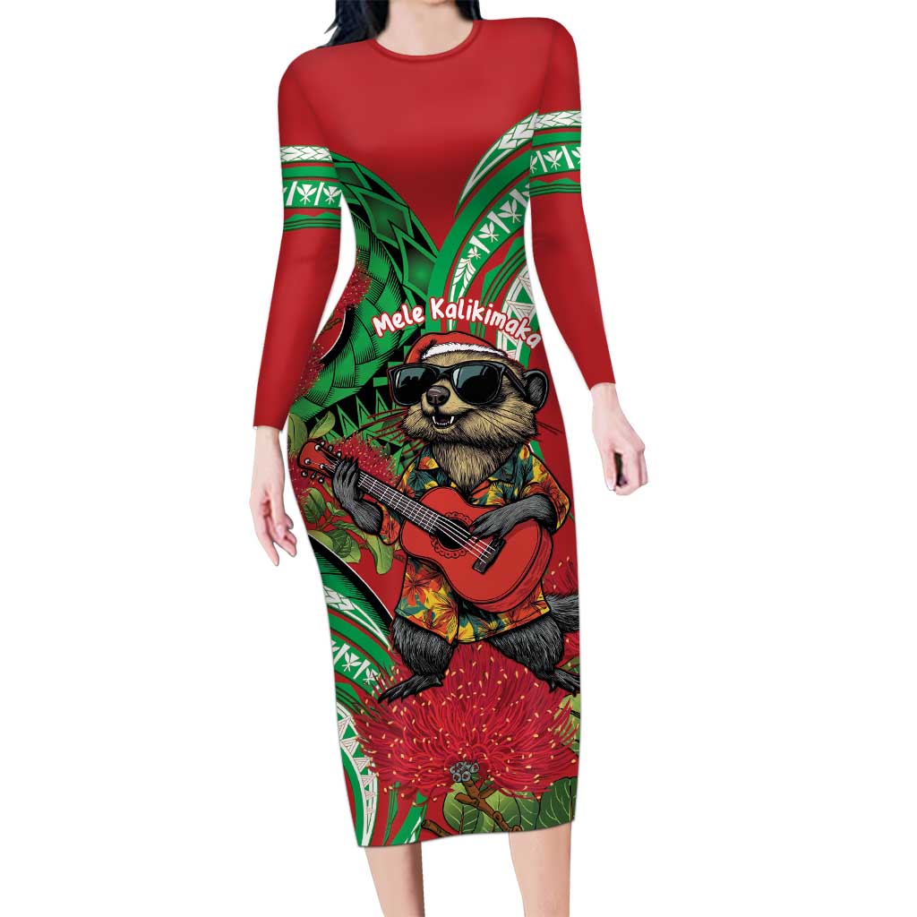 Mele Kalikimaka Hawaii Long Sleeve Bodycon Dress Mongoose Santa With Ohia Lehua LT14 Long Dress Red - Polynesian Pride