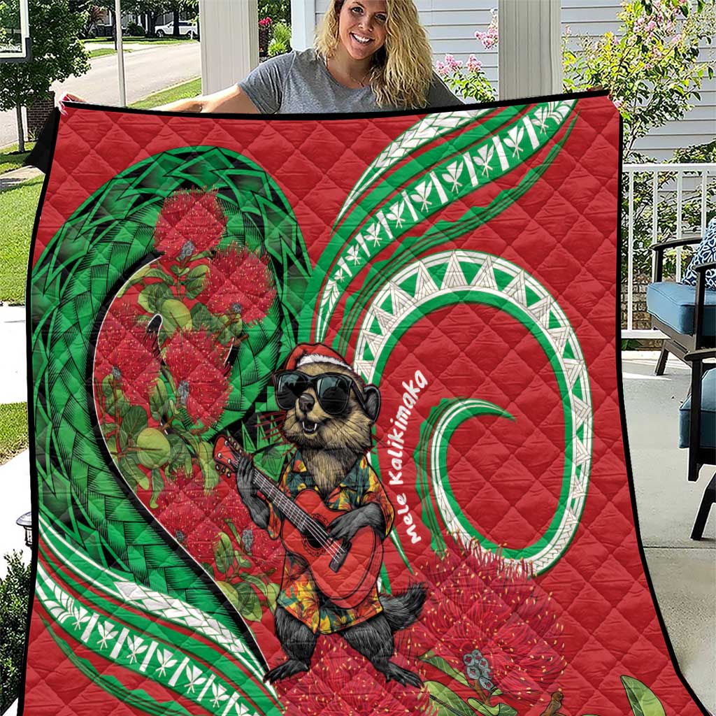 Mele Kalikimaka Hawaii Quilt Mongoose Santa With Ohia Lehua LT14 Red - Polynesian Pride
