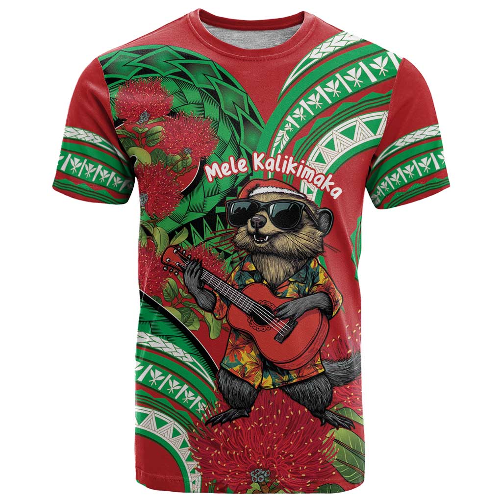 Mele Kalikimaka Hawaii T Shirt Mongoose Santa With Ohia Lehua LT14 Red - Polynesian Pride