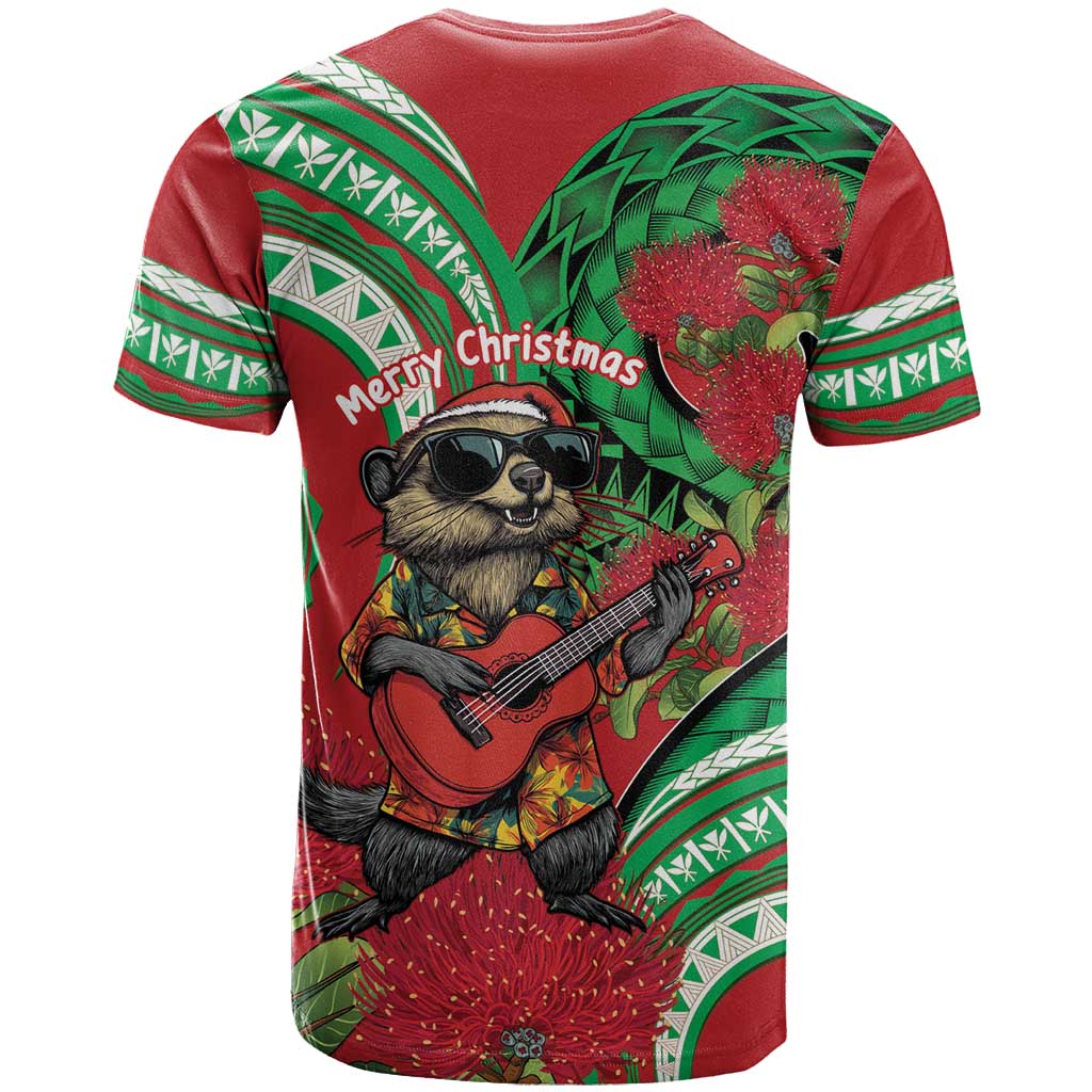 Mele Kalikimaka Hawaii T Shirt Mongoose Santa With Ohia Lehua LT14 - Polynesian Pride