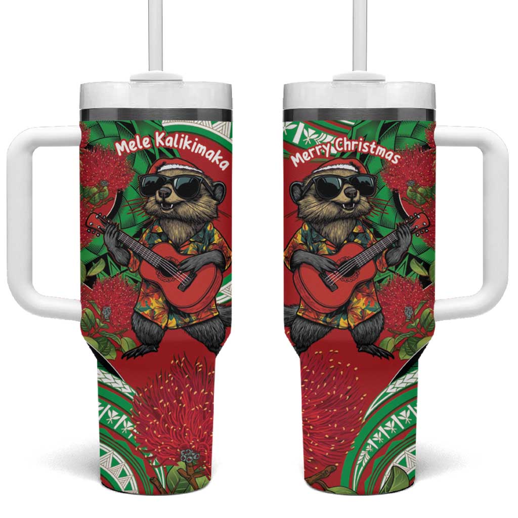 Mele Kalikimaka Hawaii Tumbler With Handle Mongoose Santa With Ohia Lehua LT14 One Size: 40 oz Red - Polynesian Pride