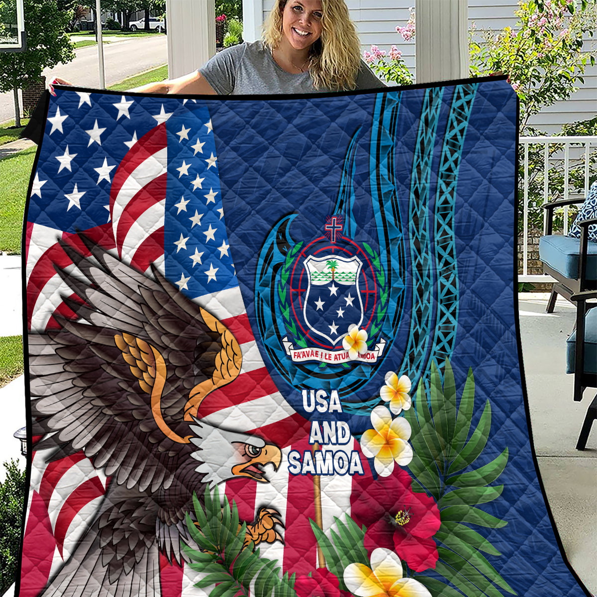 United States And Samoa Quilt USA Flag Eagle Mix Samoan Coat Of Arms LT14 Blue - Polynesian Pride