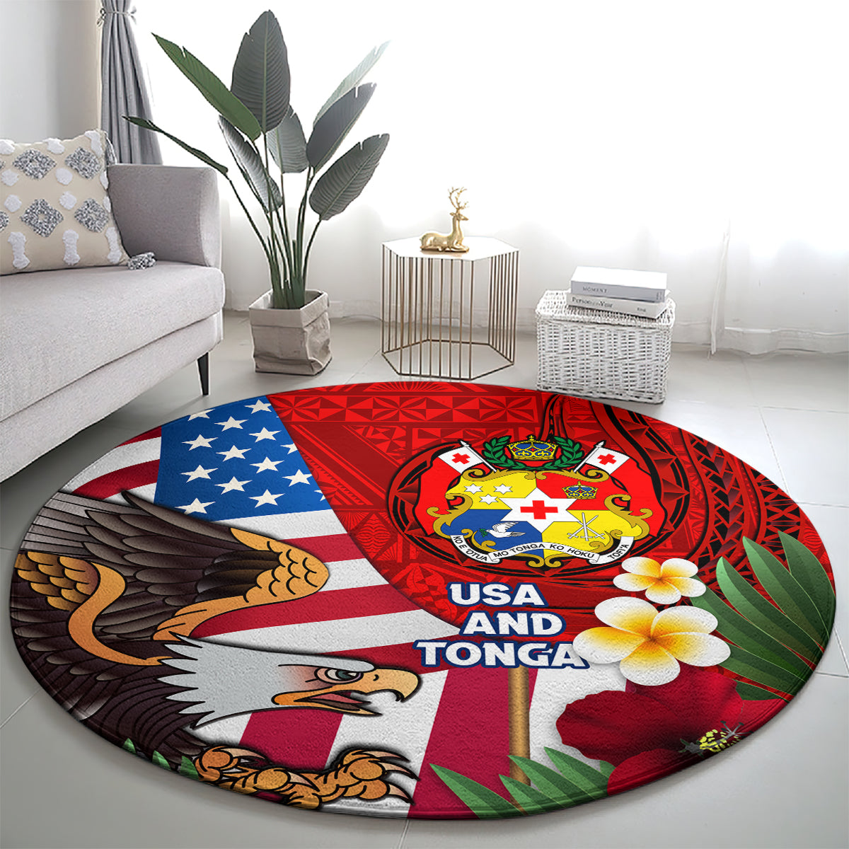 United States And Tonga Round Carpet USA Flag Eagle Mix Tongan Coat Of Arms Ngatu Pattern LT14 - Polynesian Pride