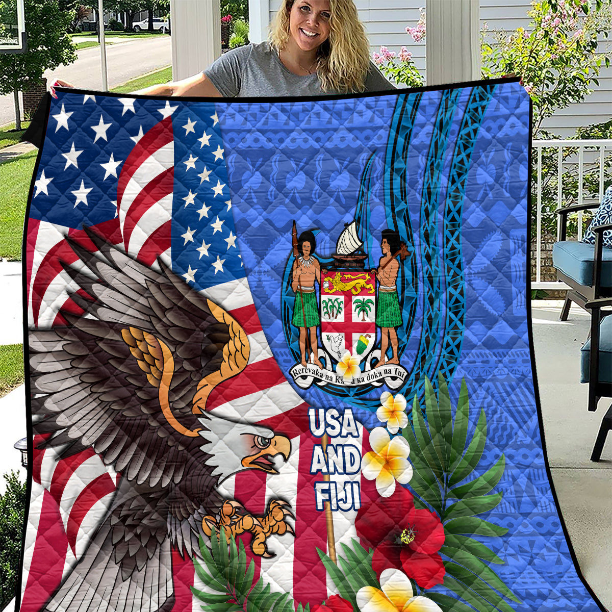 United States And Fiji Quilt USA Flag Eagle Mix Fijian Coat Of Arms Tapa Pattern LT14 Blue - Polynesian Pride