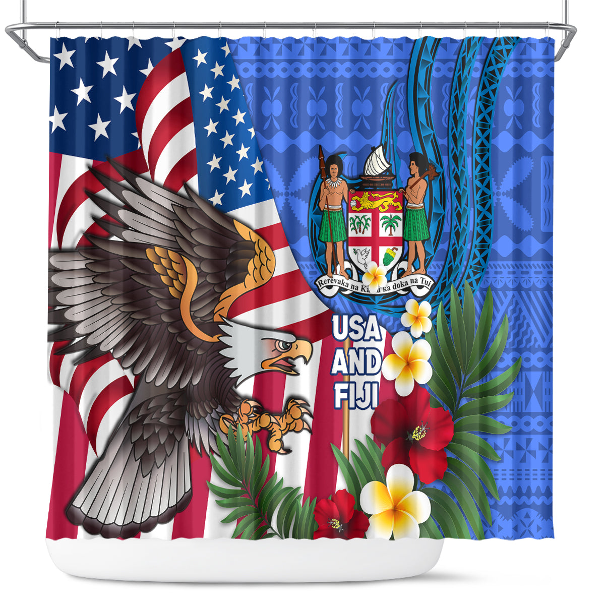 United States And Fiji Shower Curtain USA Flag Eagle Mix Fijian Coat Of Arms Tapa Pattern LT14 Blue - Polynesian Pride