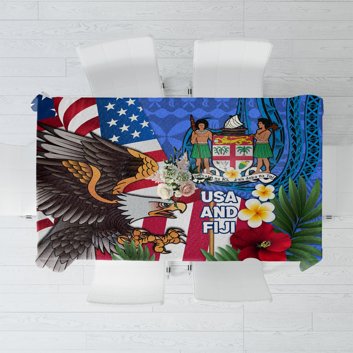 United States And Fiji Tablecloth USA Flag Eagle Mix Fijian Coat Of Arms Tapa Pattern LT14 Blue - Polynesian Pride