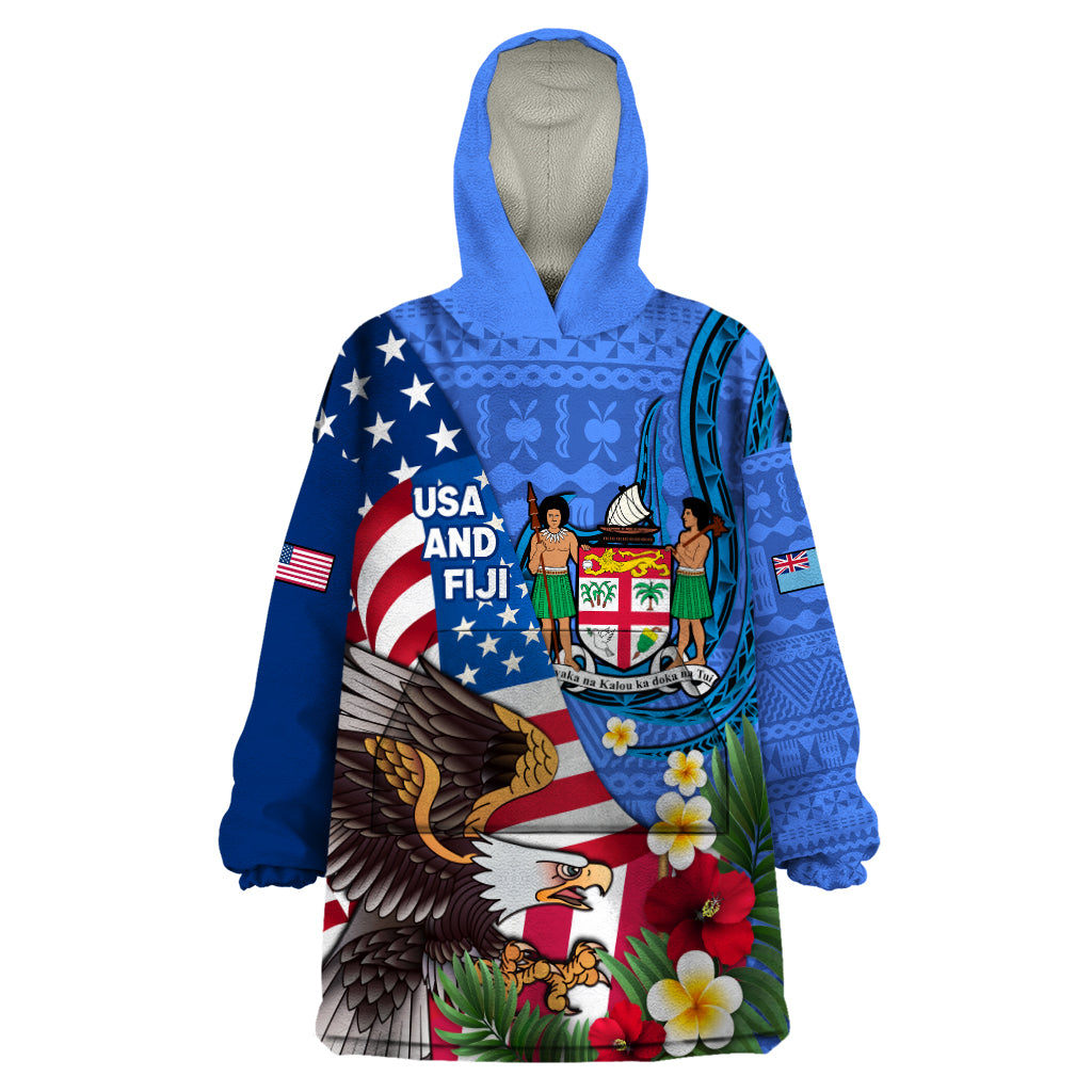 United States And Fiji Wearable Blanket Hoodie USA Flag Eagle Mix Fijian Coat Of Arms Tapa Pattern LT14 One Size Blue - Polynesian Pride