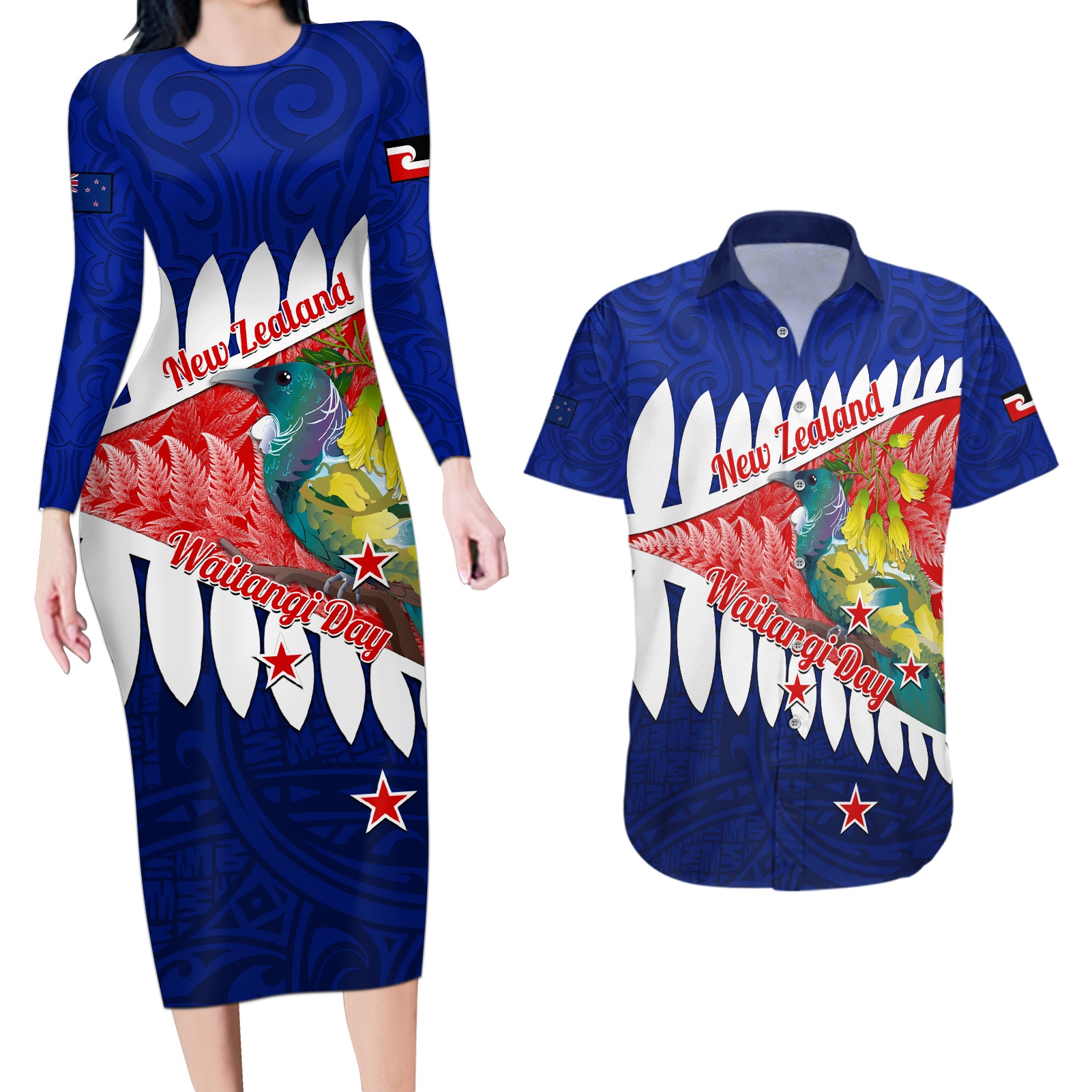 New Zealand Waitangi Day Couples Matching Long Sleeve Bodycon Dress and Hawaiian Shirt NZ Maori Tui Bird With Kowhai Flowers LT14 Blue - Polynesian Pride