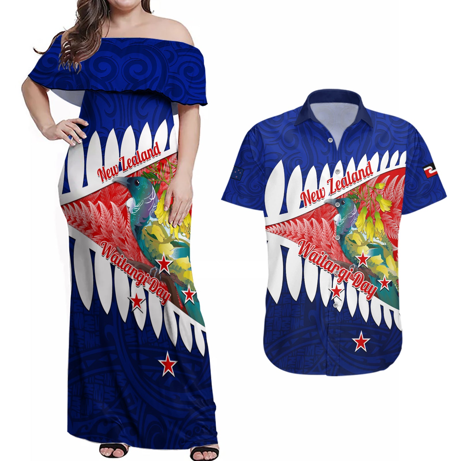 New Zealand Waitangi Day Couples Matching Off Shoulder Maxi Dress and Hawaiian Shirt NZ Maori Tui Bird With Kowhai Flowers LT14 Blue - Polynesian Pride