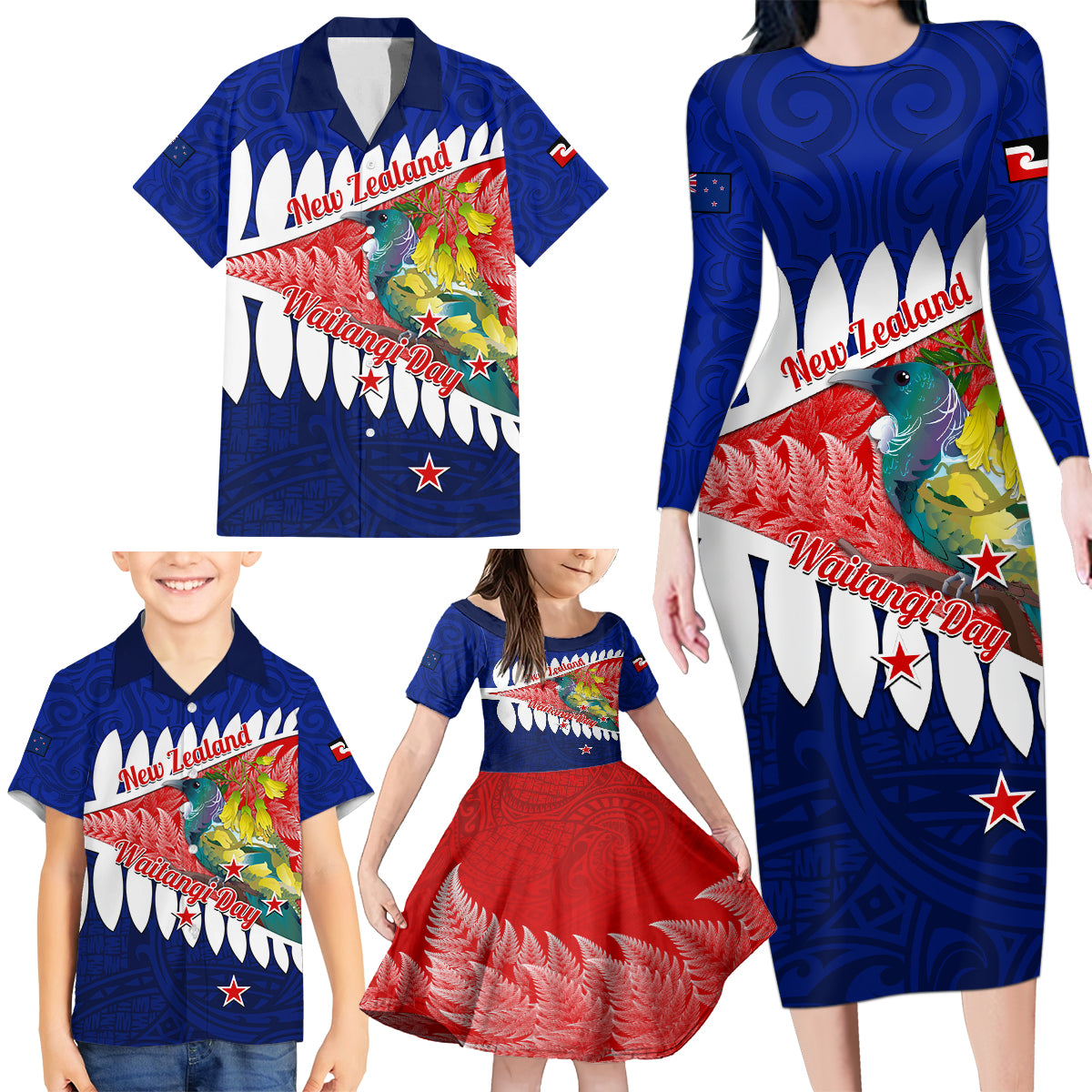 New Zealand Waitangi Day Family Matching Long Sleeve Bodycon Dress and Hawaiian Shirt NZ Maori Tui Bird With Kowhai Flowers LT14 - Polynesian Pride