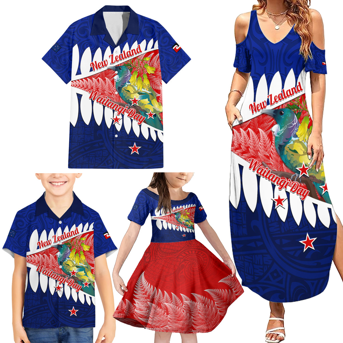 New Zealand Waitangi Day Family Matching Summer Maxi Dress and Hawaiian Shirt NZ Maori Tui Bird With Kowhai Flowers LT14 - Polynesian Pride