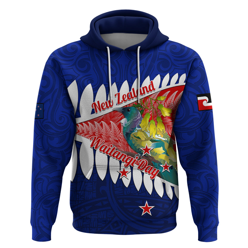 New Zealand Waitangi Day Hoodie NZ Maori Tui Bird With Kowhai Flowers LT14 Pullover Hoodie Blue - Polynesian Pride