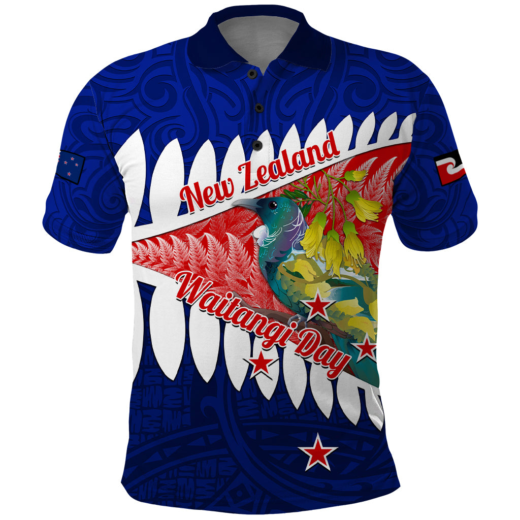 New Zealand Waitangi Day Polo Shirt NZ Maori Tui Bird With Kowhai Flowers LT14 Blue - Polynesian Pride