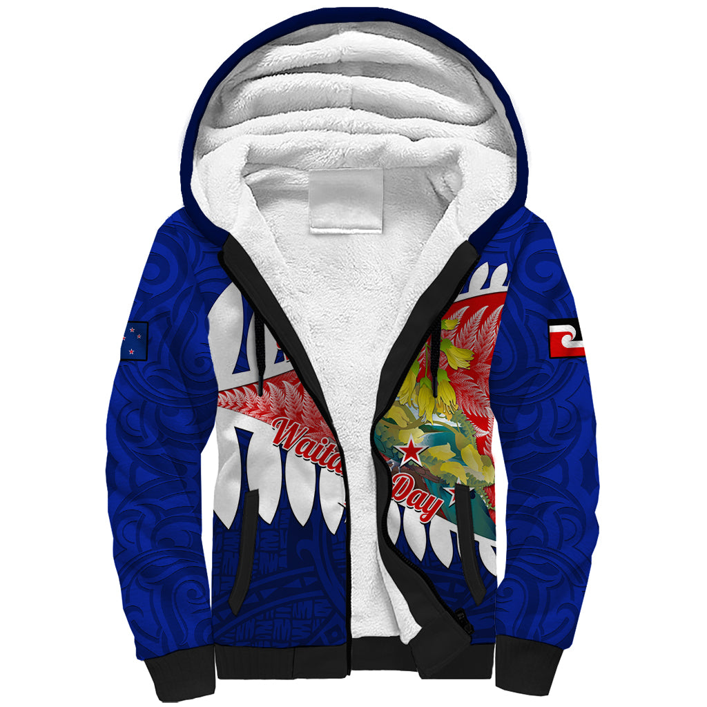 New Zealand Waitangi Day Sherpa Hoodie NZ Maori Tui Bird With Kowhai Flowers LT14 Unisex Blue - Polynesian Pride