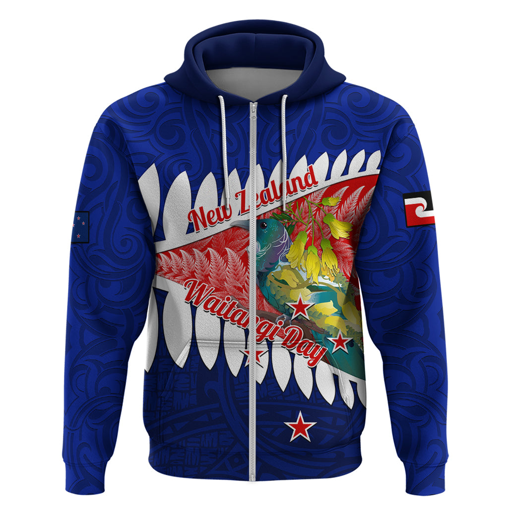 New Zealand Waitangi Day Zip Hoodie NZ Maori Tui Bird With Kowhai Flowers LT14 Zip Hoodie Blue - Polynesian Pride