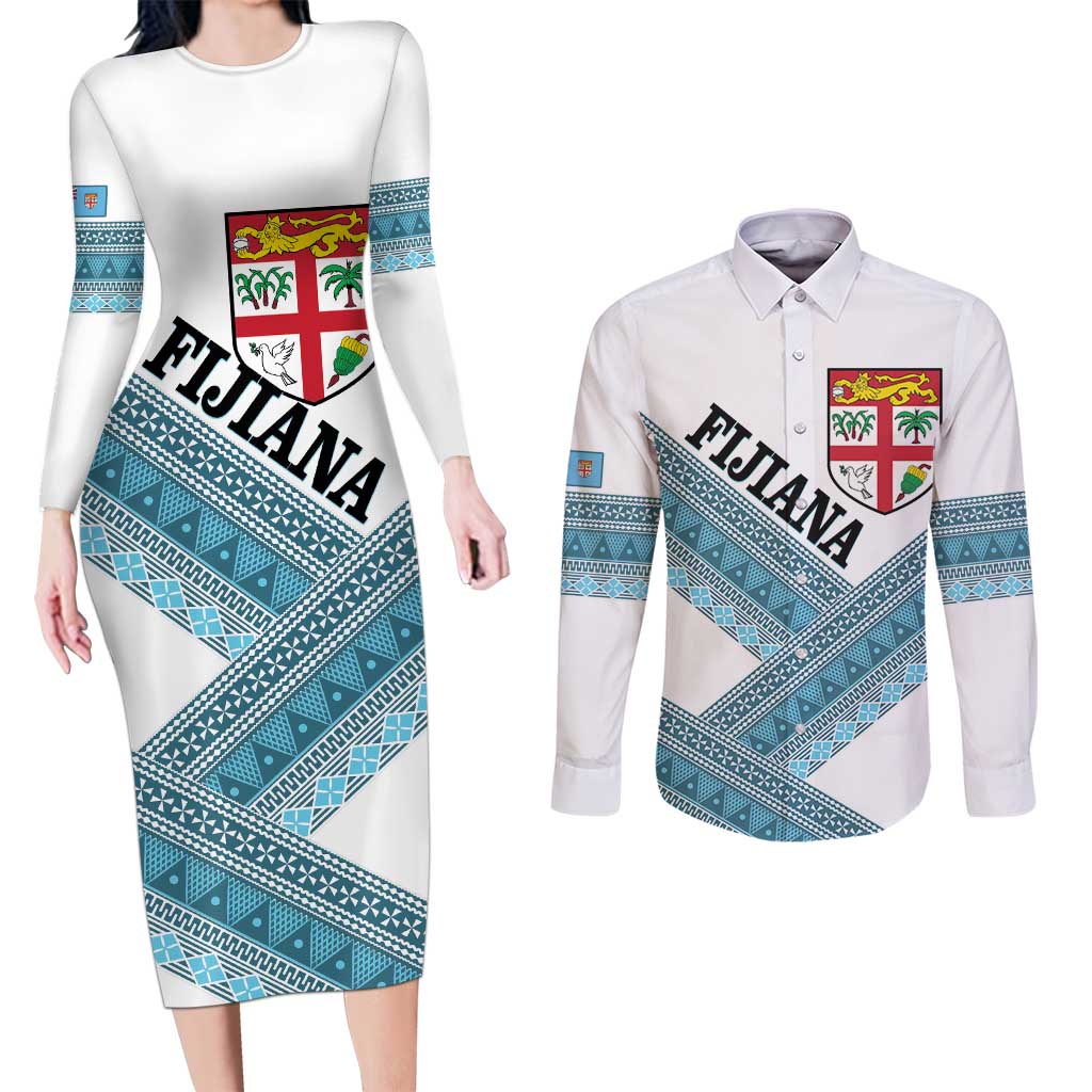 Custom Fiji Tapa Rugby 2025 Couples Matching Long Sleeve Bodycon Dress and Long Sleeve Button Shirt Go Champions Fijiana