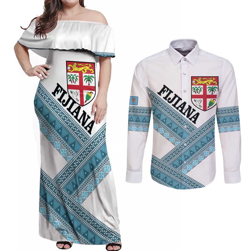 Custom Fiji Tapa Rugby 2025 Couples Matching Off Shoulder Maxi Dress and Long Sleeve Button Shirt Go Champions Fijiana